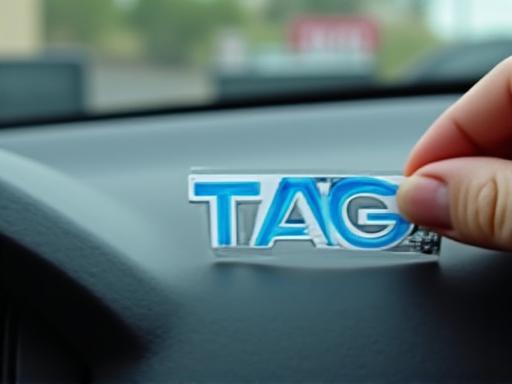 Mano sosteniendo un TAG de peaje, quitándolo del parabrisas de un coche en venta