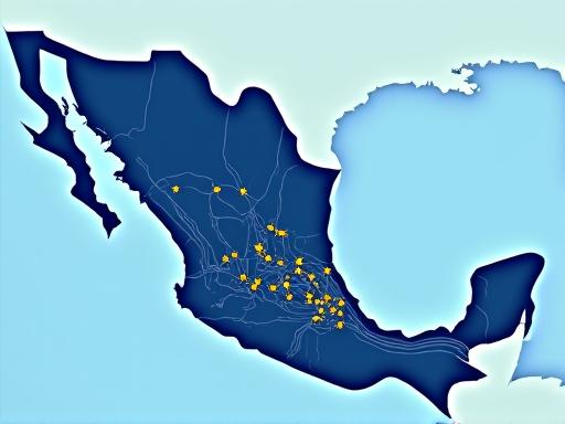 Mapa de México con rutas de autopistas destacadas y símbolos de peaje